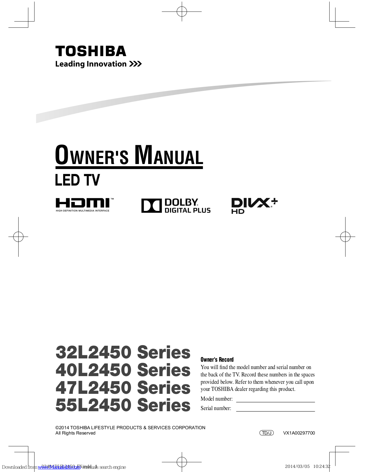 Toshiba Esteem 399, 32L2450 Series, 40L2450 Series, 47L2450 Series, 55L2450 Series User Manual