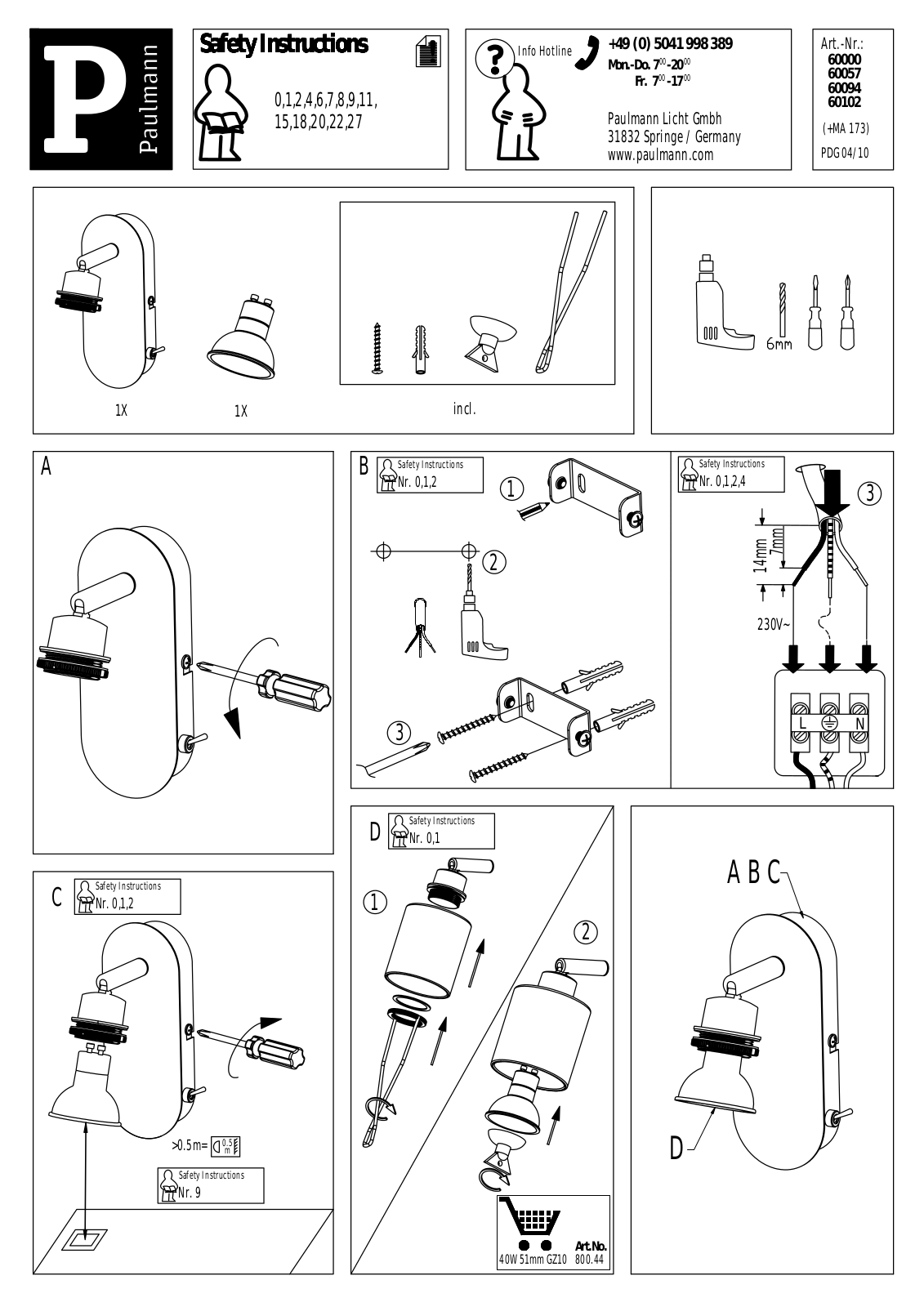 Paulmann 60000, 60057, 60094, 60102 Safety instructions - ManualMachine.com