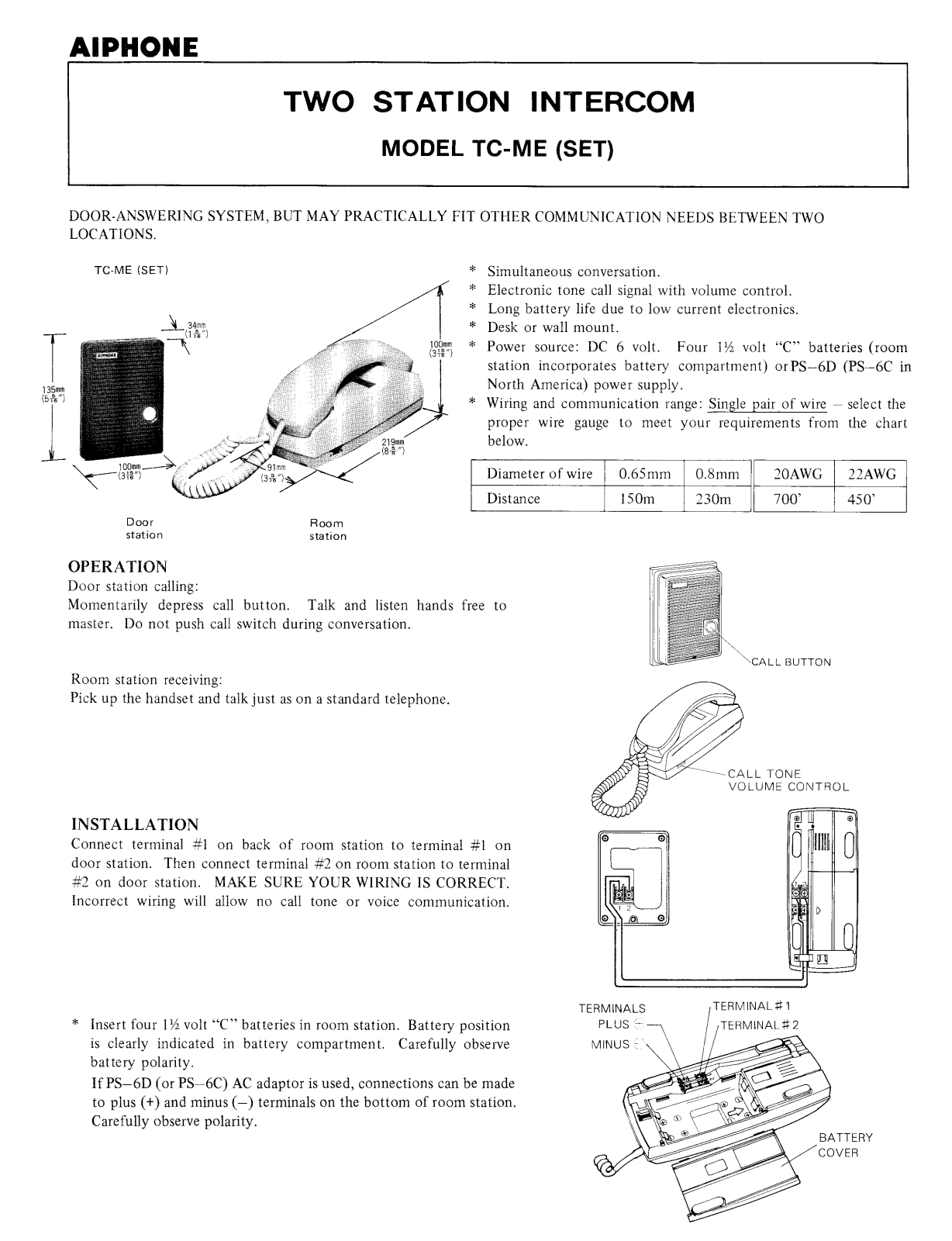 Aiphone TC-ME INSTALLATION INSTRUCTIONS