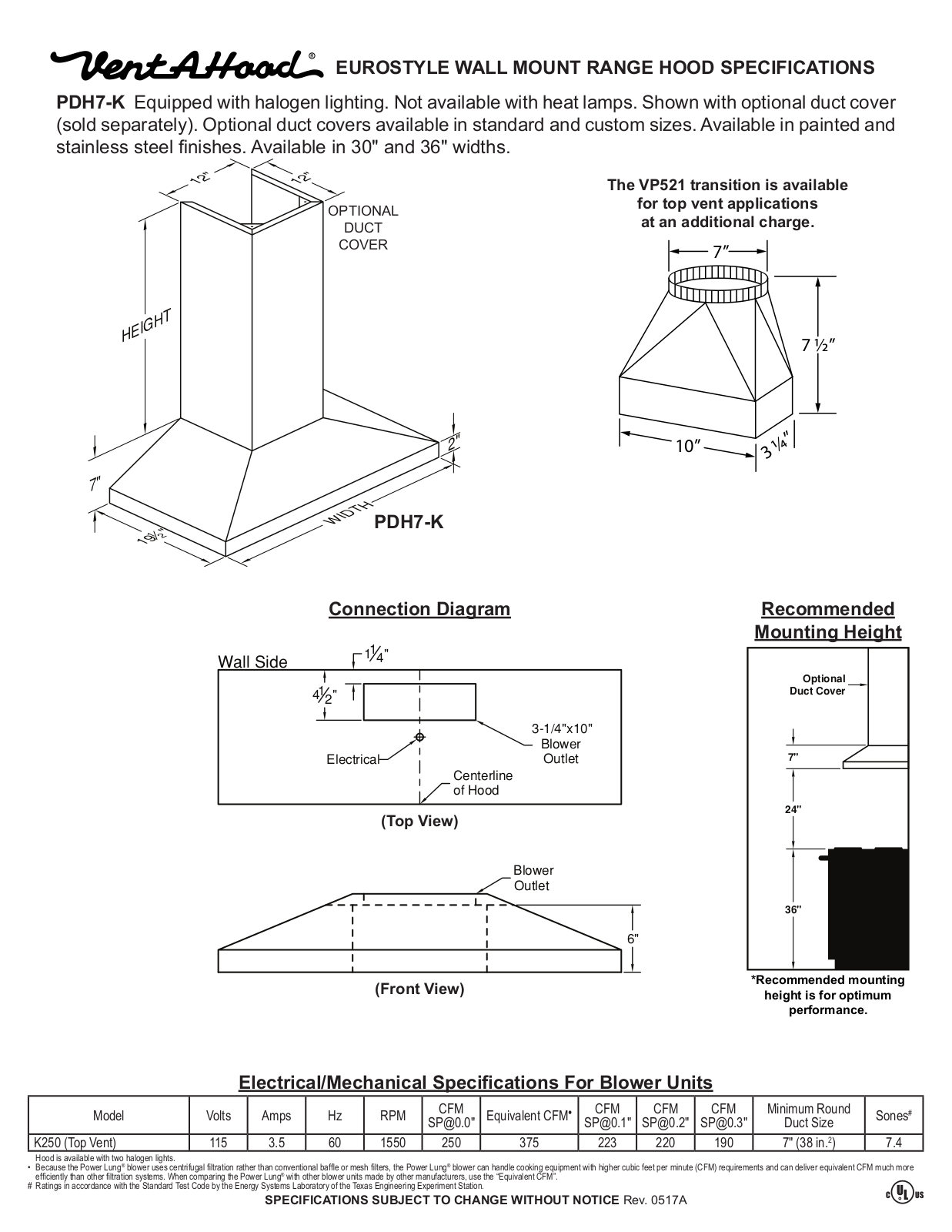 Vent-A-Hood PDH7-K SPECIFICATIONS