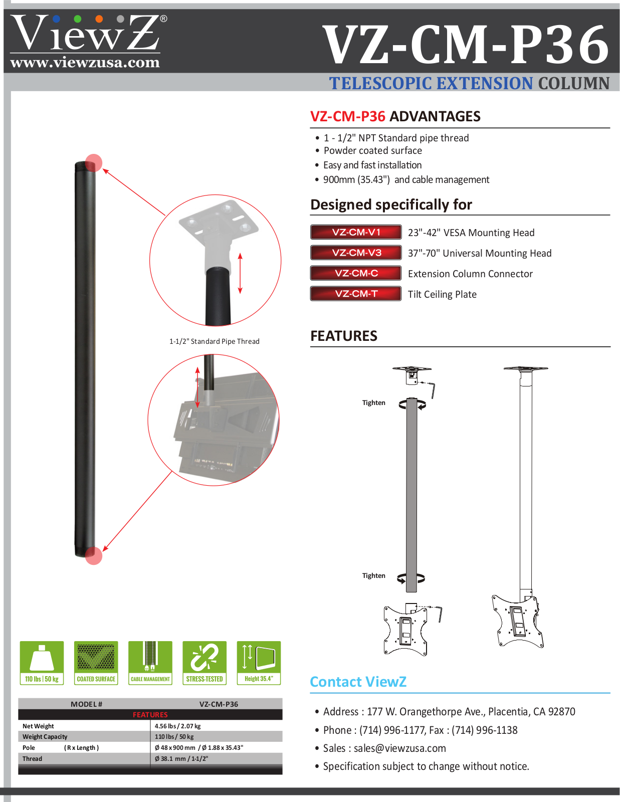 ViewZ VZ-CM-P36 Specsheet