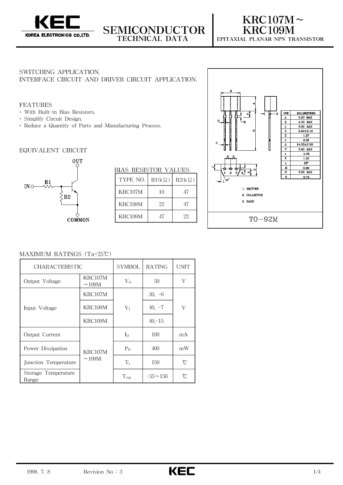 KEC KRC108M, KRC109M Datasheet