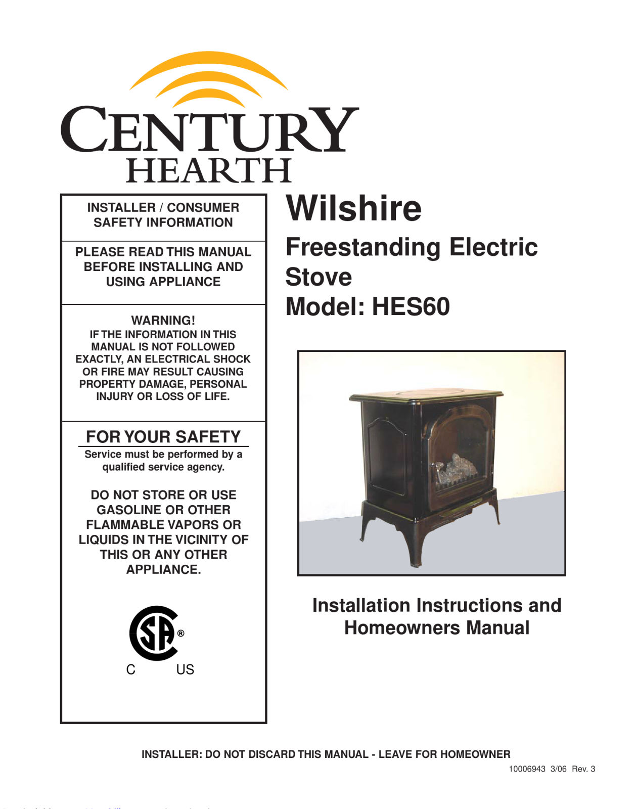 Century Hearth HES60 Installation instructions and homeowner's manual