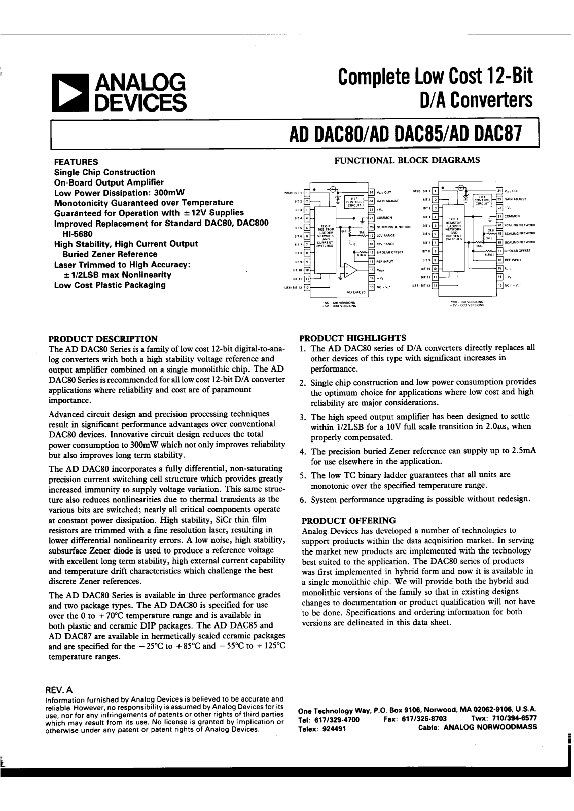 Analog Devices ADDAC87D-CBI-V, ADDAC87-CBI-V, ADDAC87-CBI-I, ADDAC85MIL-CBI-V, ADDAC85MIL-CBI-I Datasheet