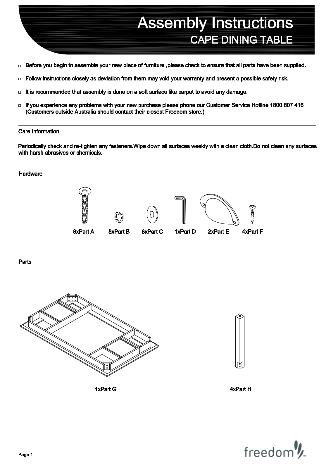 Freedom Cape Dining Table Assembly Instruction