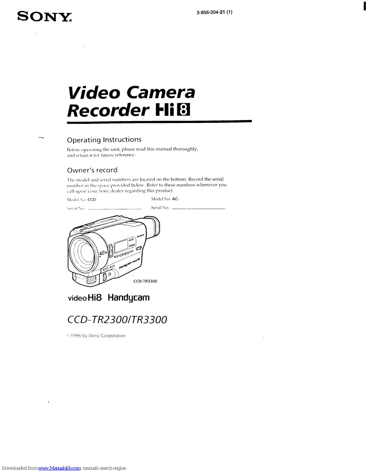 Sony Handycam CCD-TR23, Handycam CCD-TR3300, Handycam CCD-TR2300 Operating Instructions Manual