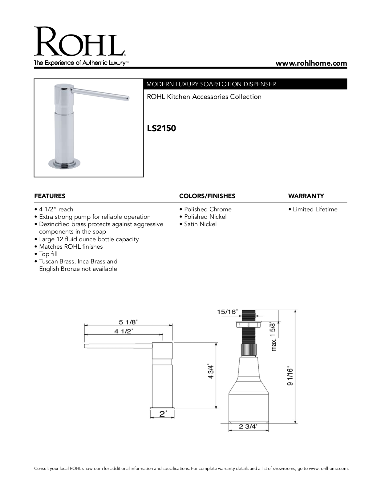 Rohl LS2150 Specifications