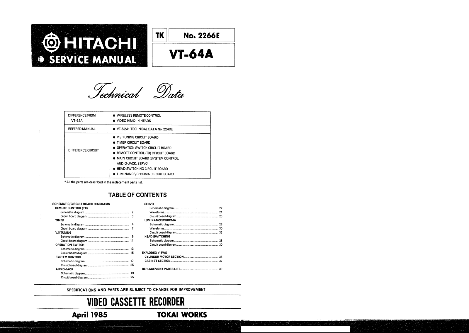 Hitachi VCR VT64A Schematic