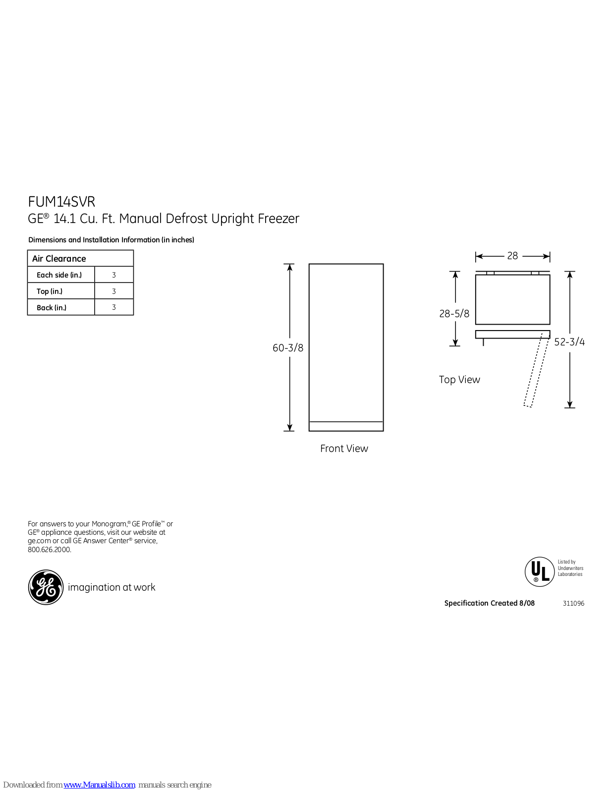 GE FUM14SVR, FUM14SVWW, FUM14SVRWW Dimensions And Installation Information