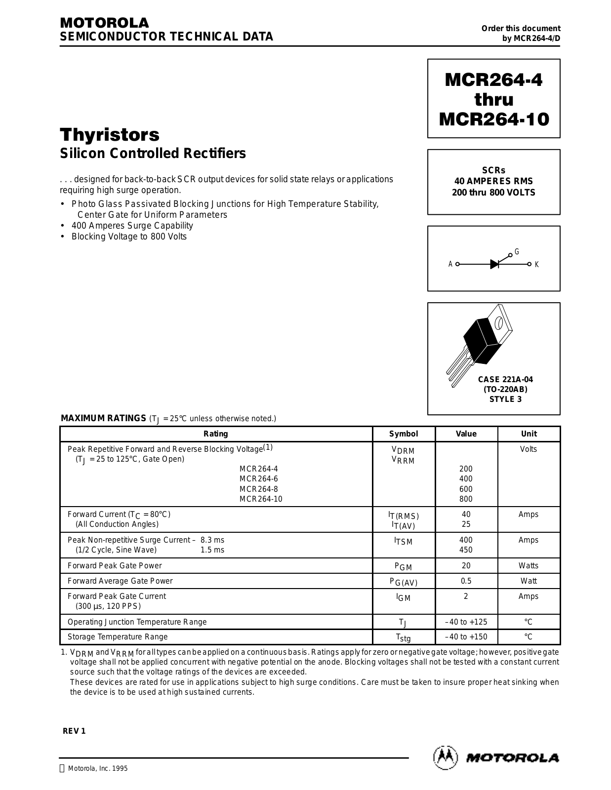 Motorola MCR264-8, MCR264-10, MCR264-4, MCR264-6 Datasheet