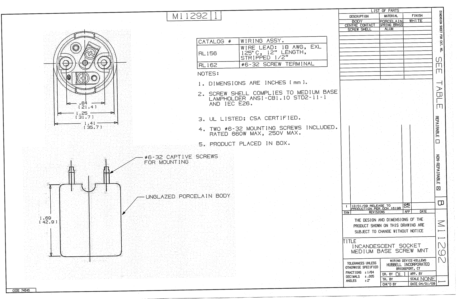 Hubbell RL156 Reference Drawing