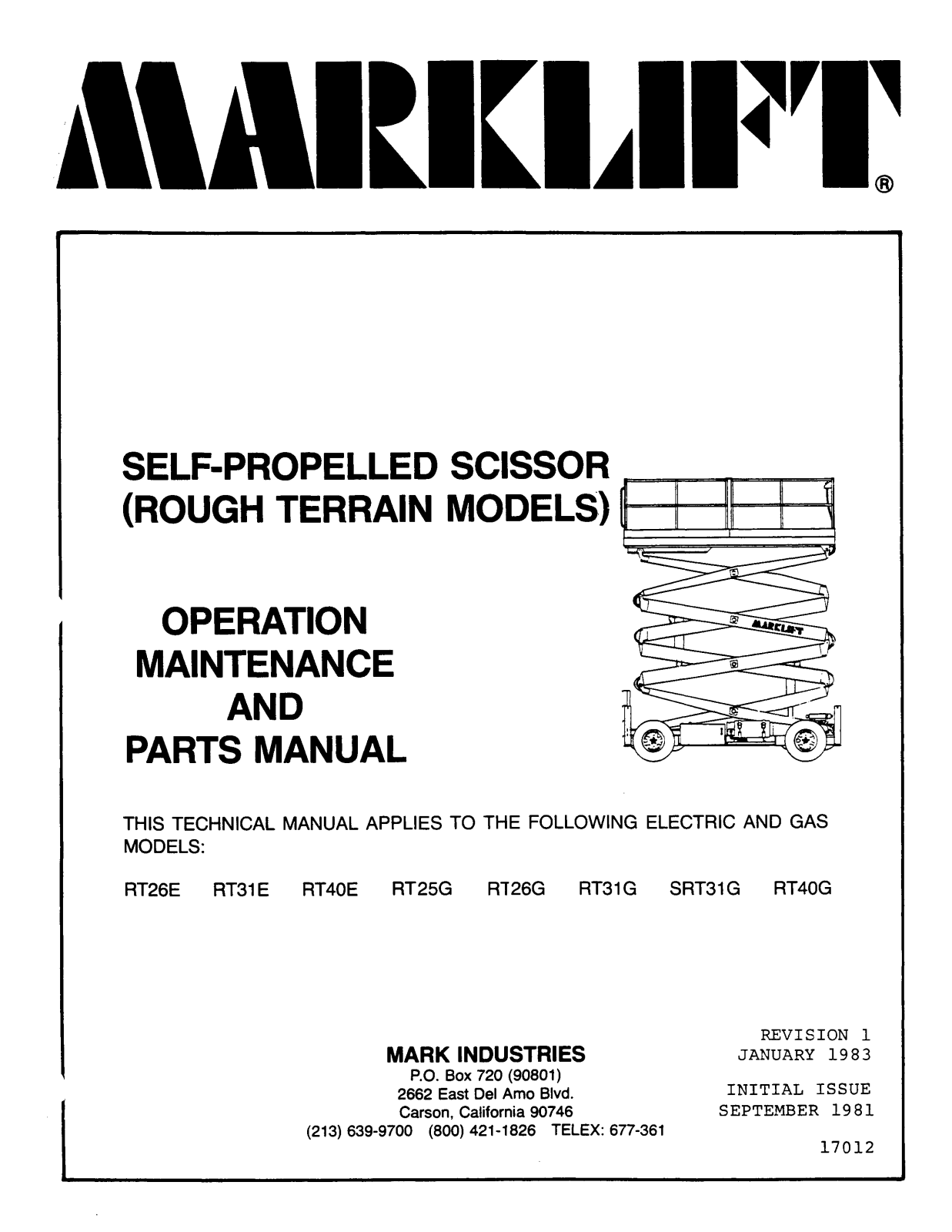 Marklifts RT26E, RT31E, RT40E, RT25G, RT26G Operator's Manual - ManualMachine.com