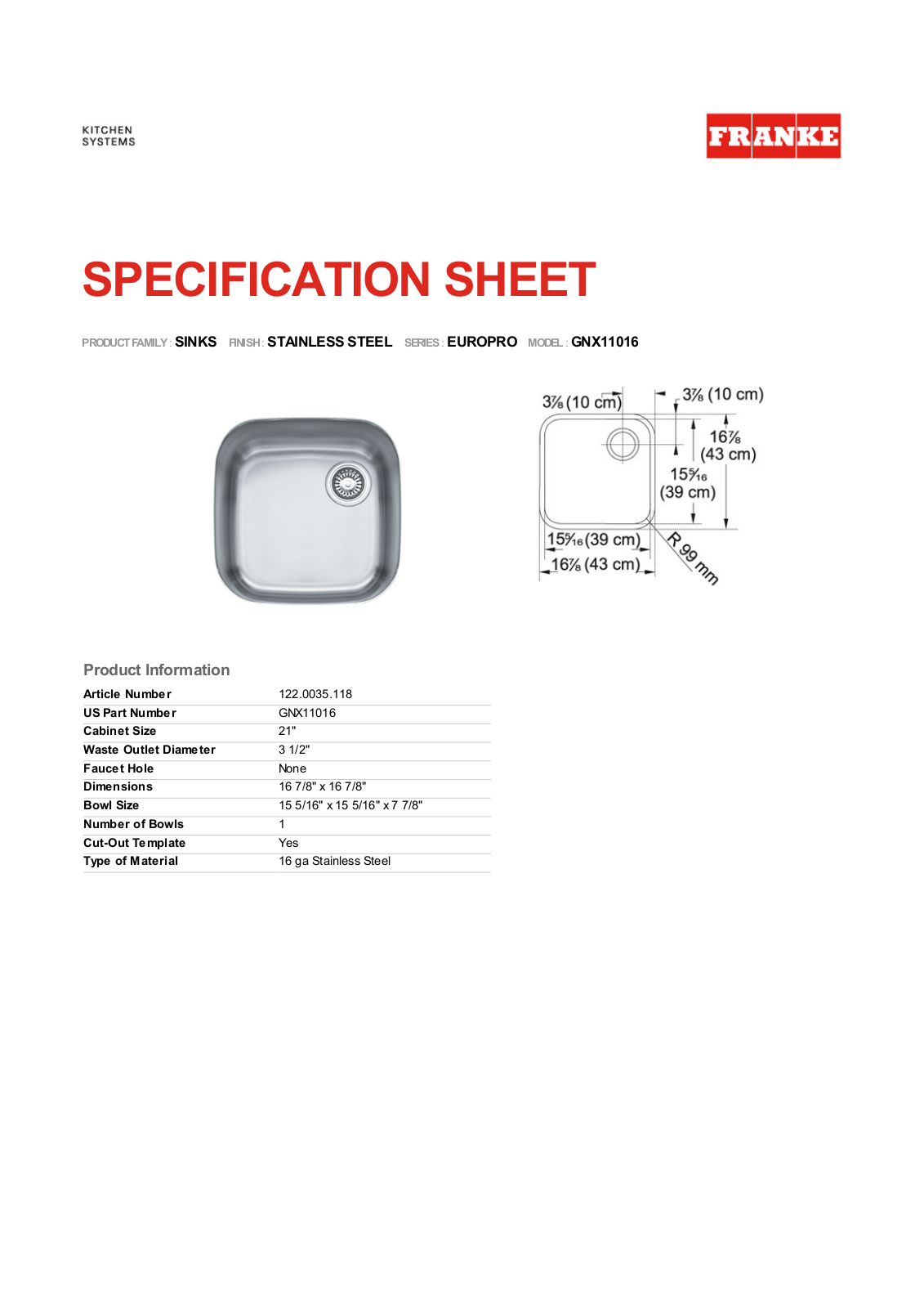 Franke Foodservice GNX11016 User Manual