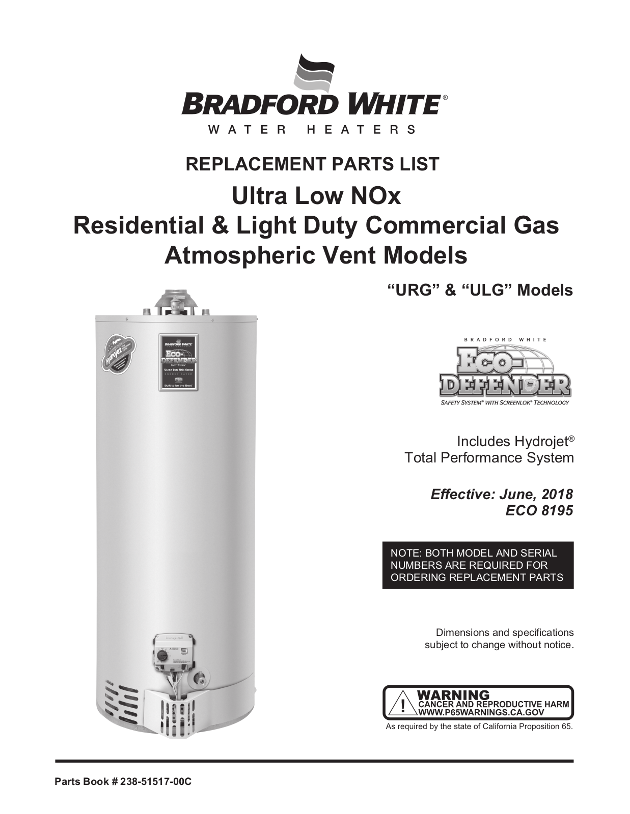 Bradford White URG230TN, URG240SN, URG240TN, URG250LN, URG250HN Service manual