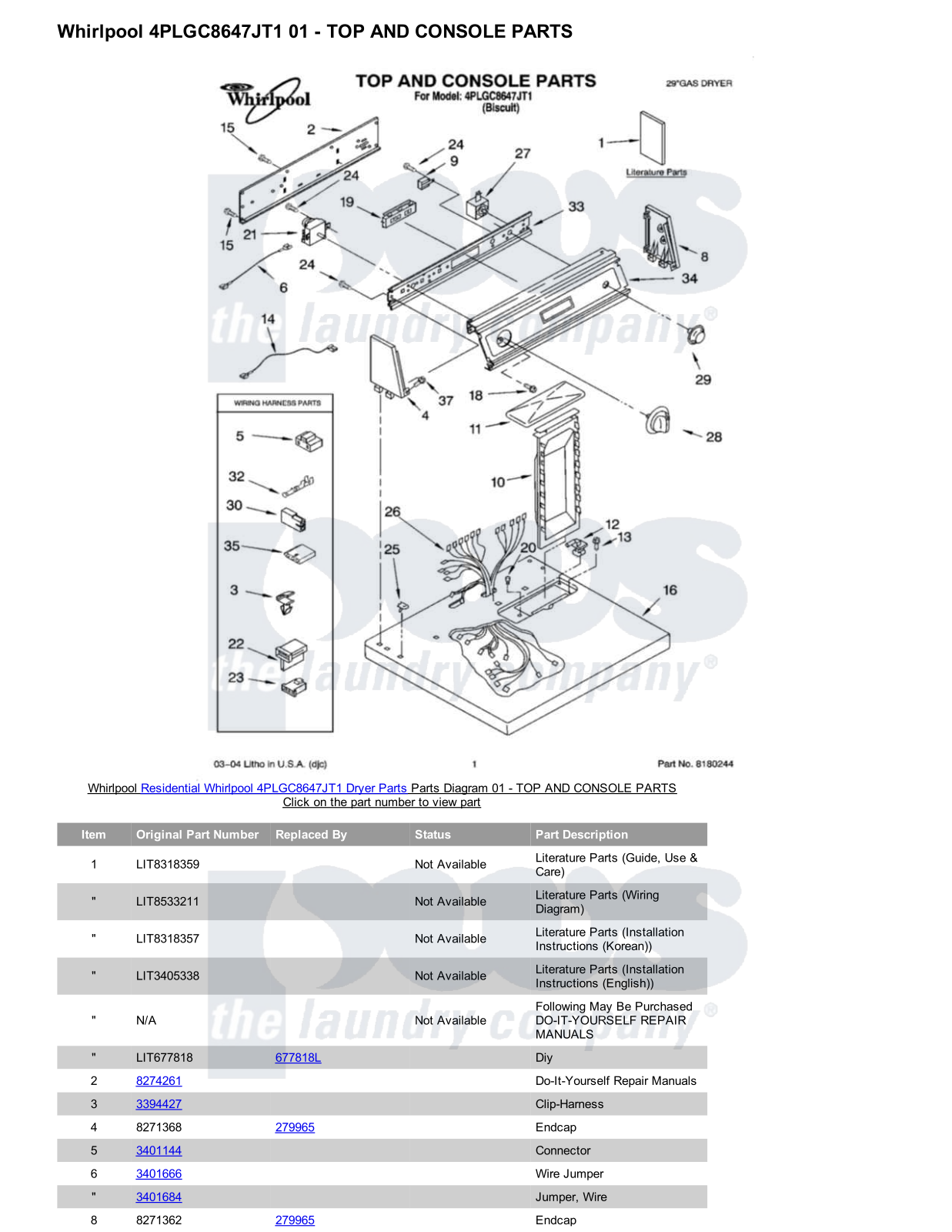 Whirlpool 4PLGC8647JT1 Parts Diagram