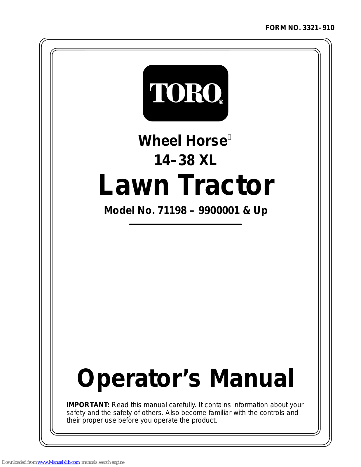 Toro 9900001, 71220, Wheel Horse 14–38 XLE, Wheel Horse 16-38 XL Operator's Manual