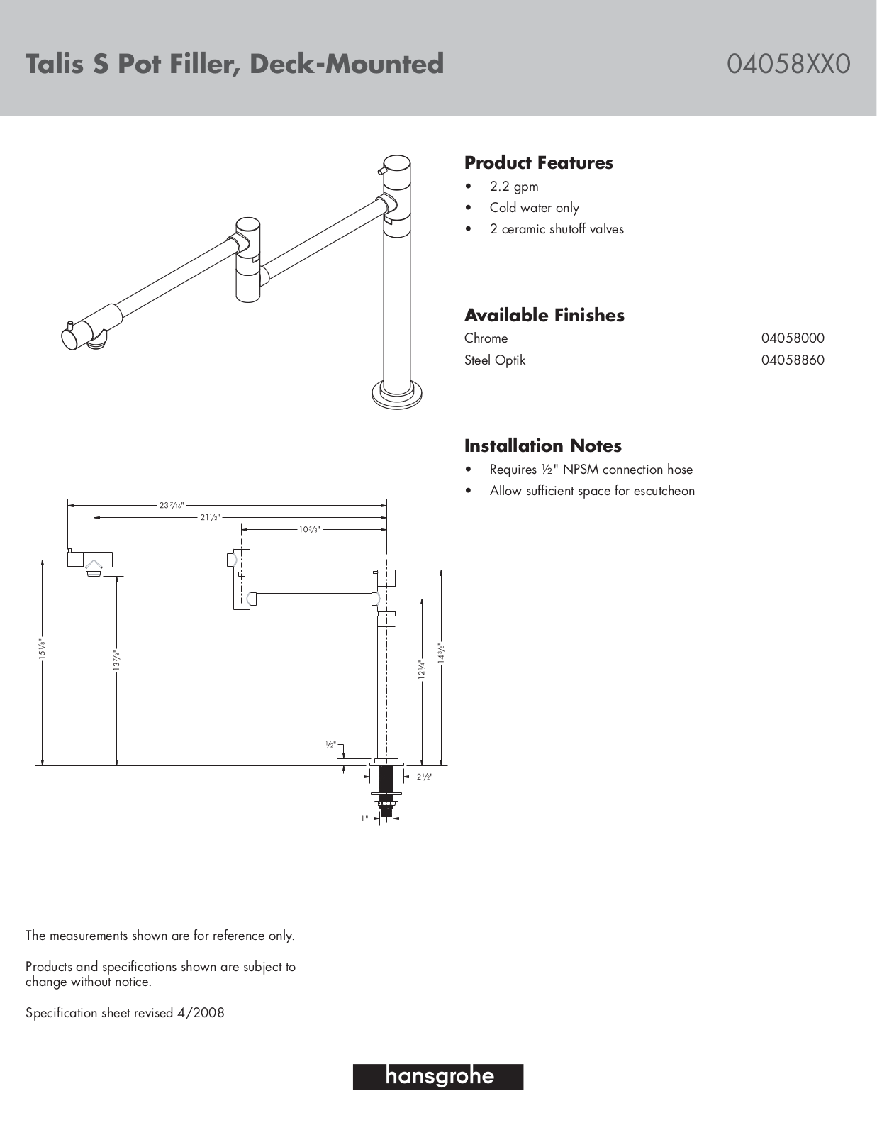 Hansgrohe 04058000 Specs