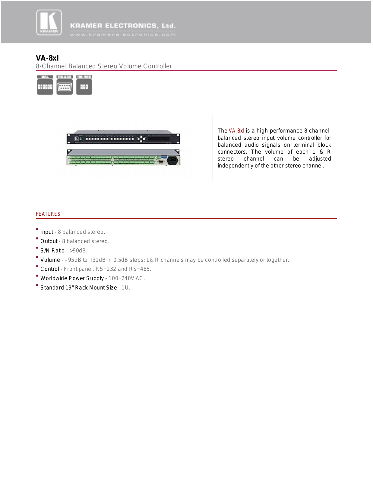 Kramer VA-8XL Datasheet