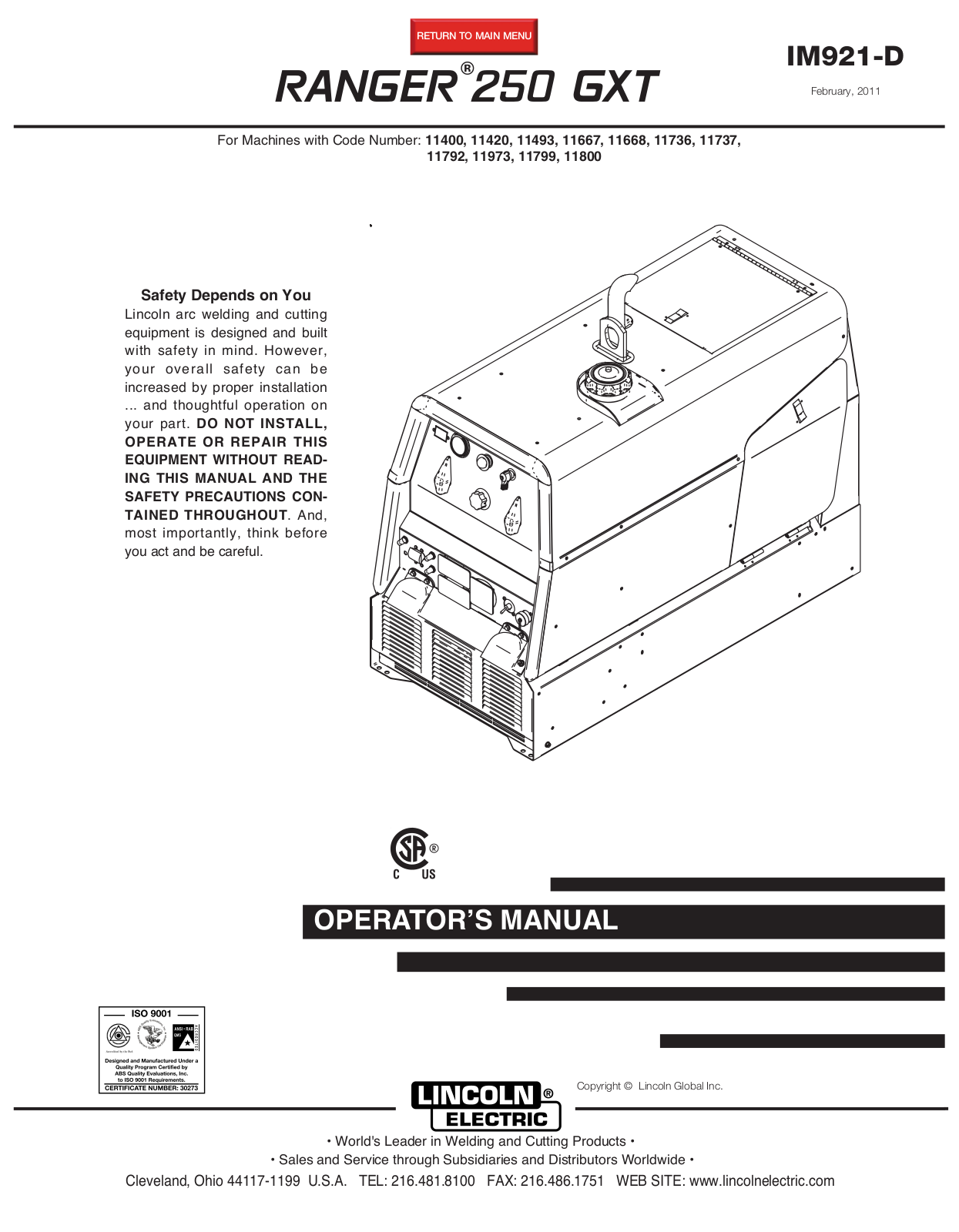 Lincoln Electric RANGER 250 GXT User Manual