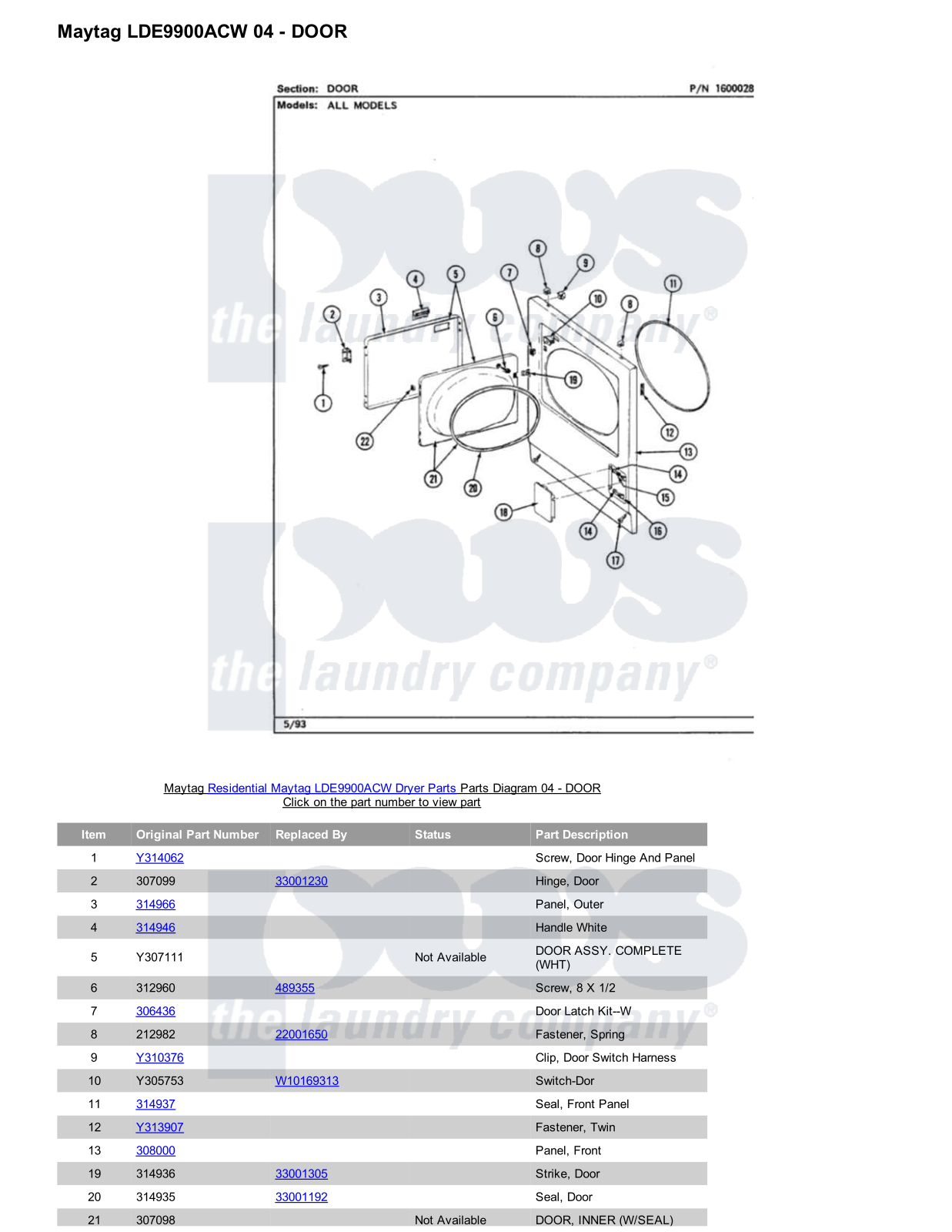 Maytag LDE9900ACW Parts Diagram