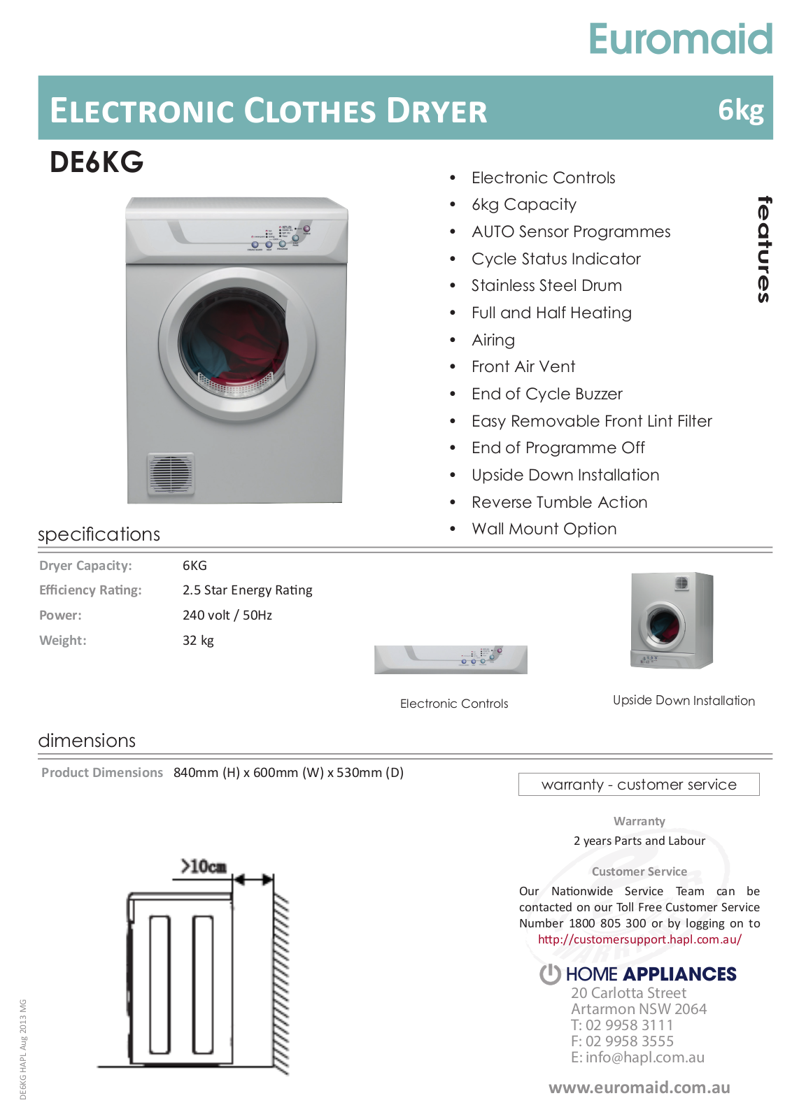 Euromaid DE6KG Specifications Sheet