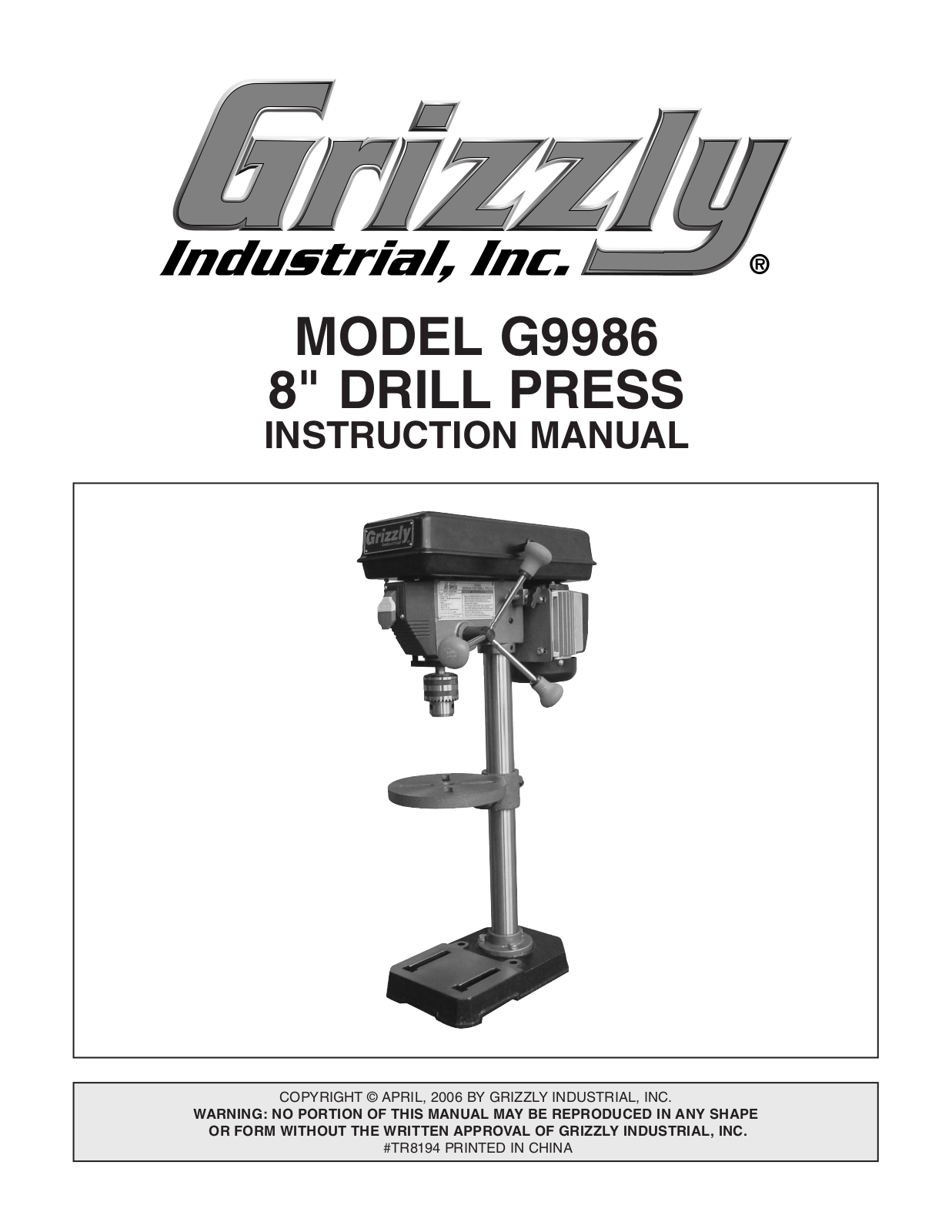 Grizzly G9986 User Manual