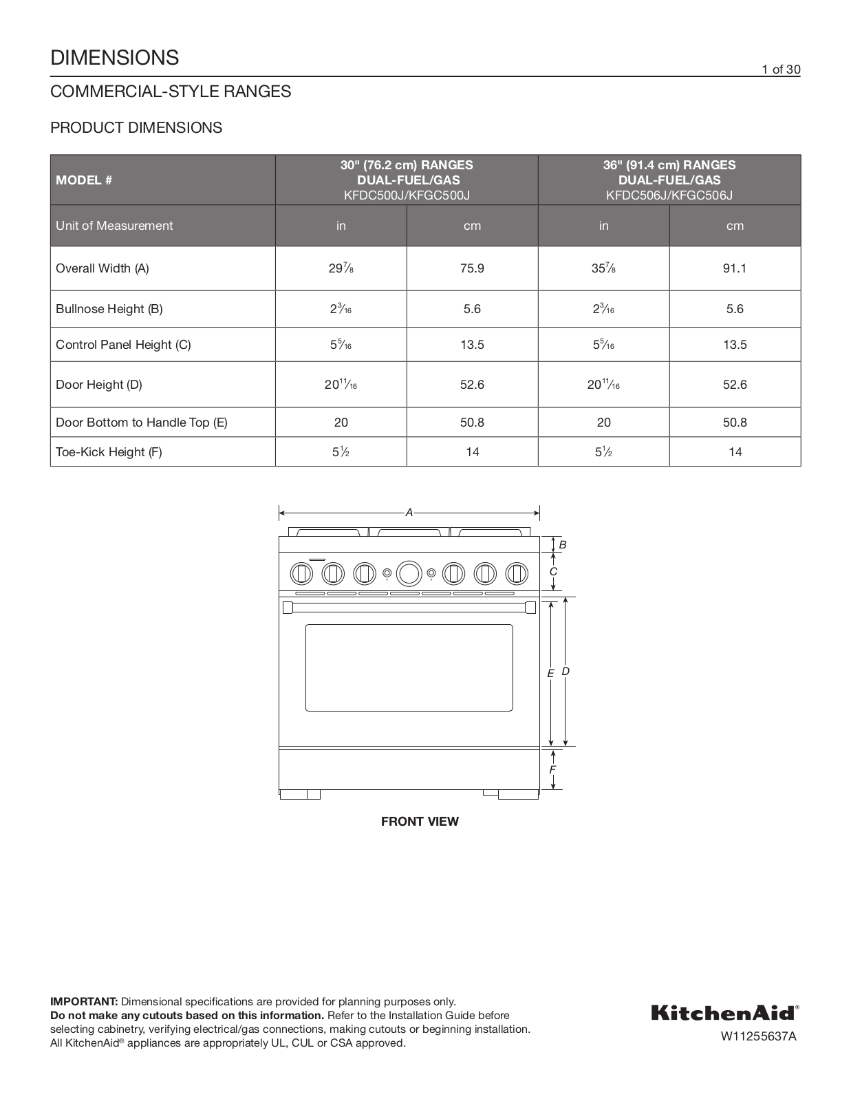 KitchenAid KFGC558JSS, KFDC558JAV, KFDC506JBK, KFGC506JAV, KFDC500JSS Dimensions Guide