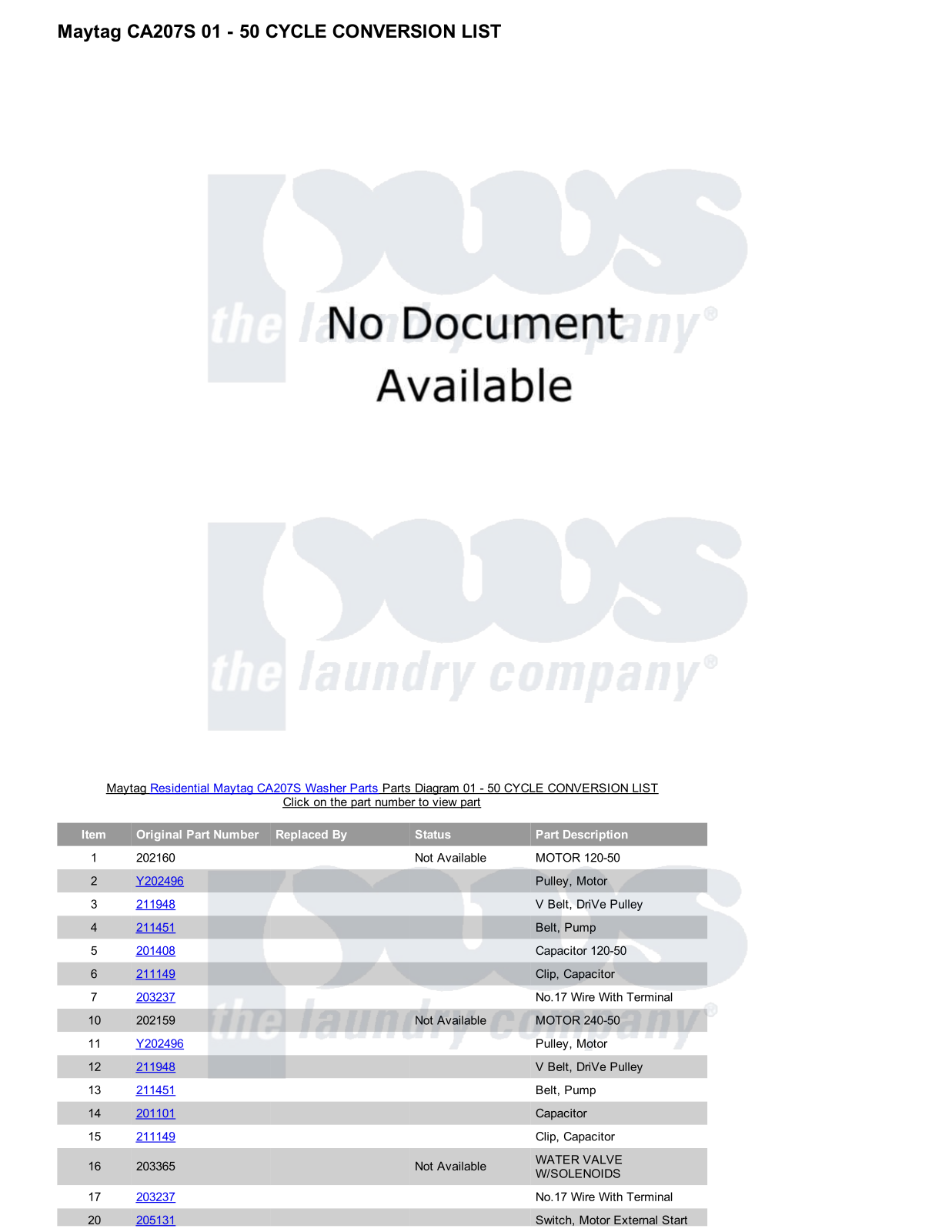 Maytag CA207S Parts Diagram