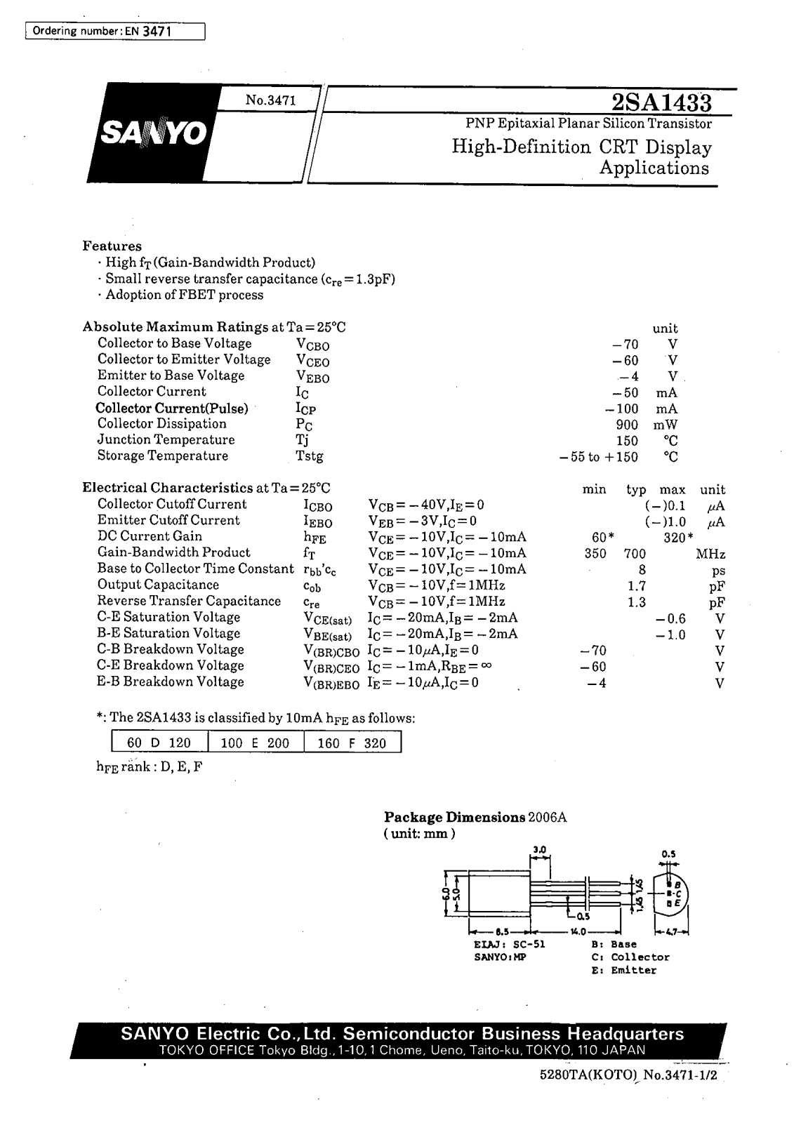 SANYO 2SA1433 Datasheet