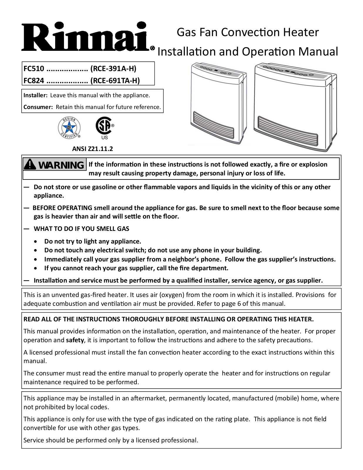 Rinnai FC510, FC824 Installation And Operation Manual