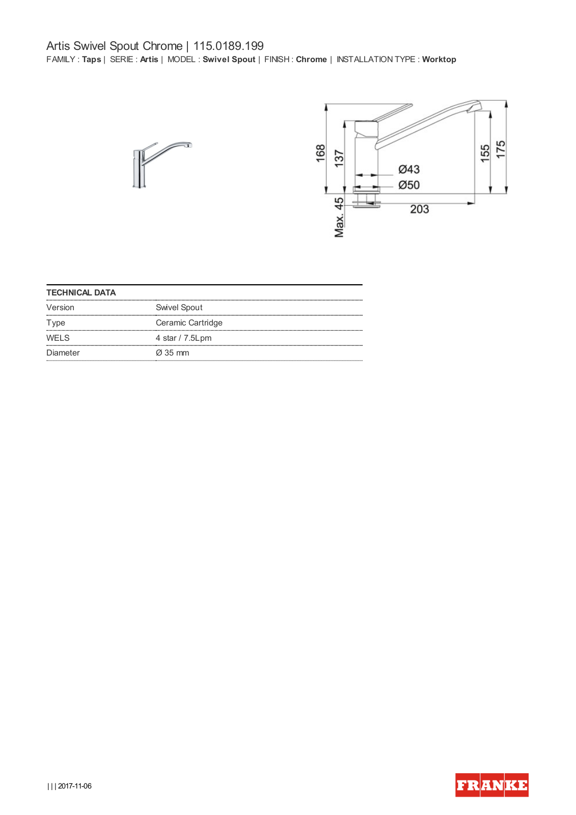 Franke TA7000 Specifications Sheet