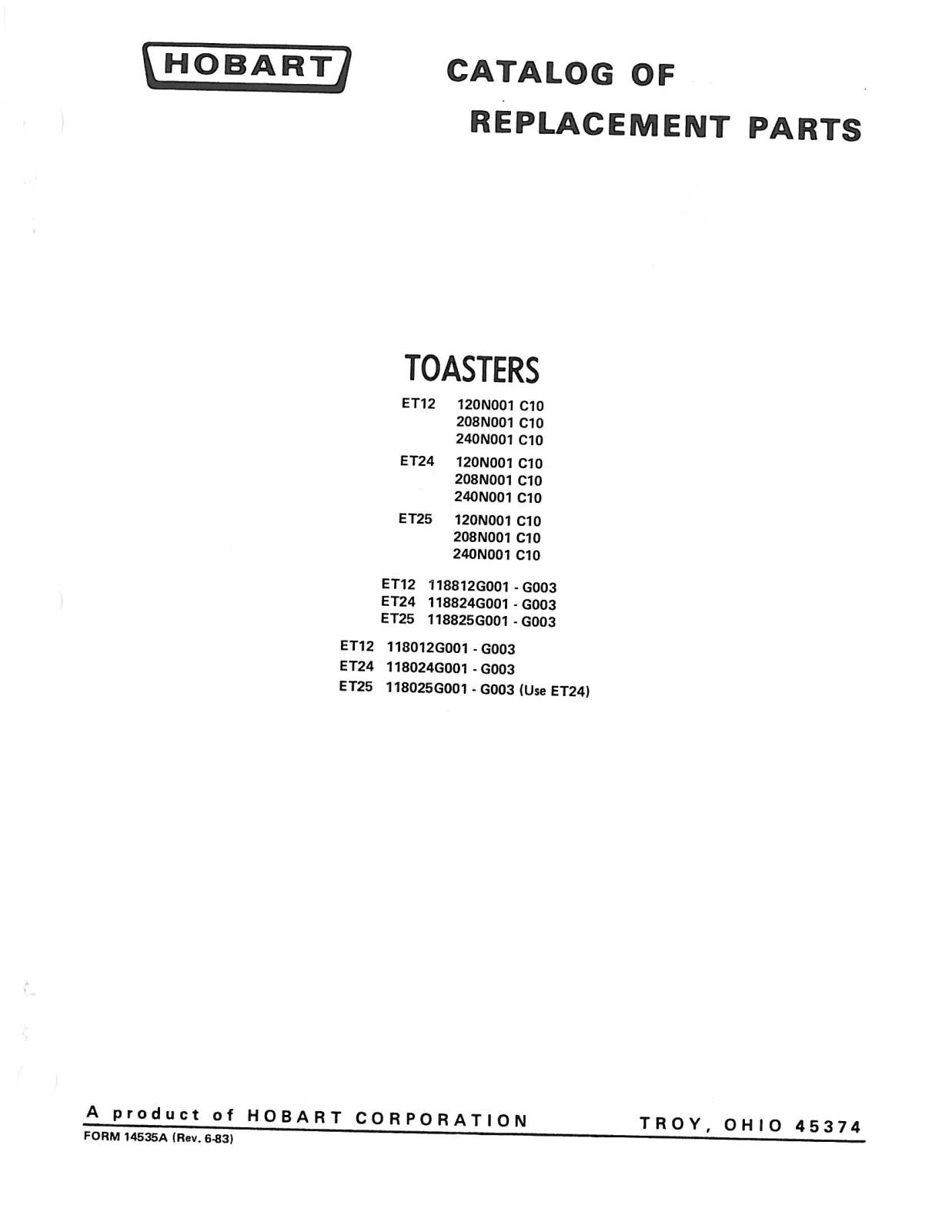 Hobart ET12 Parts List