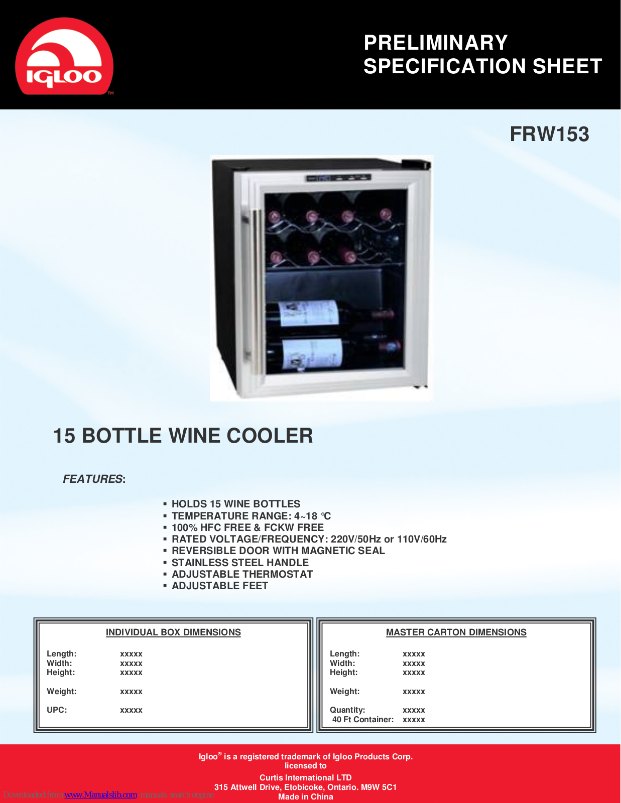 Igloo FRW153 Specification Sheet