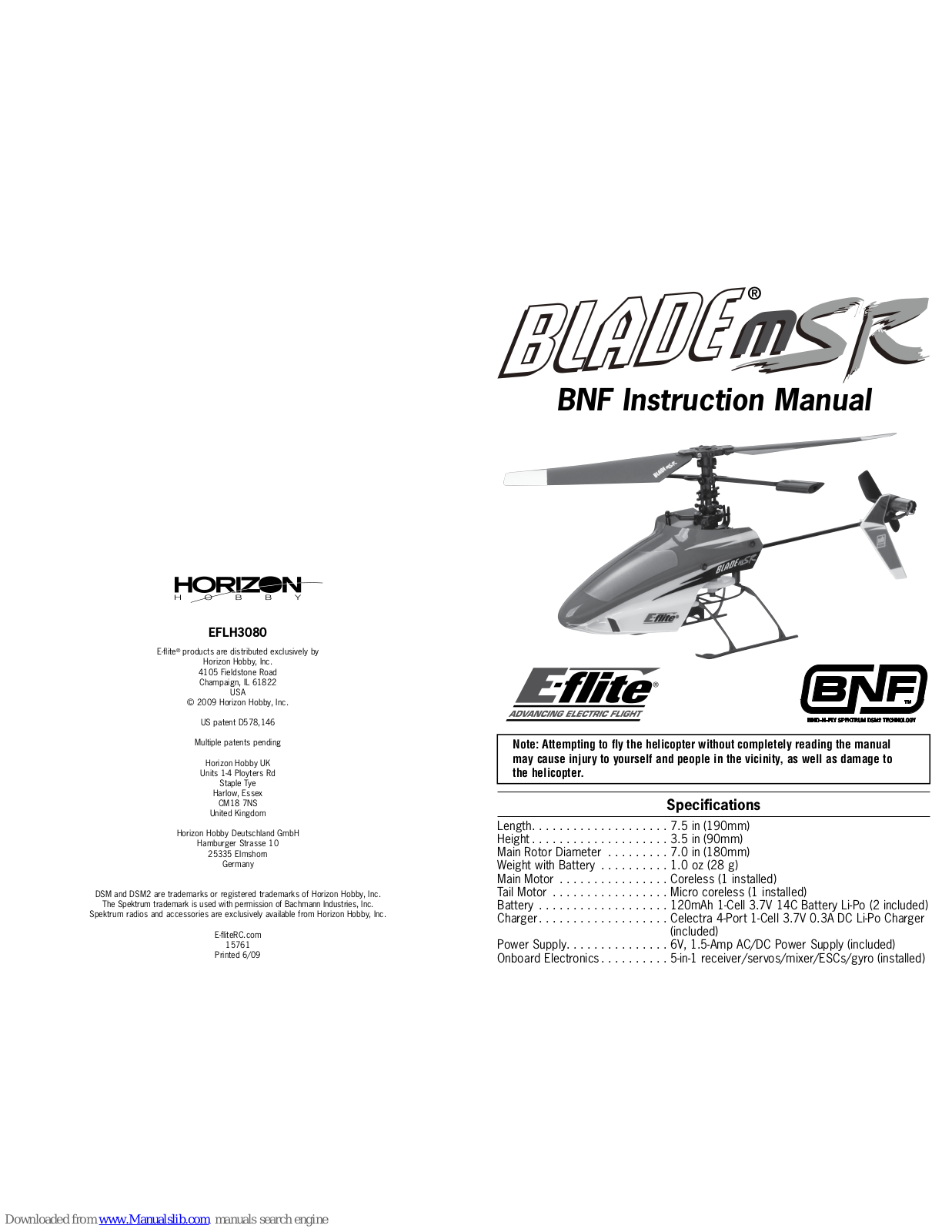 Horizon Hobby Blade mSR BNF Instruction Manual