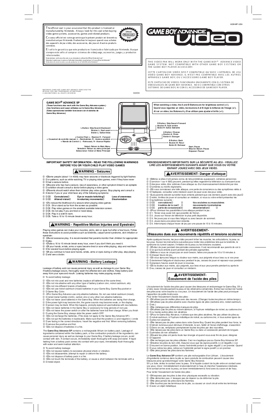 NINTENDO Game Boy Advance User Manual