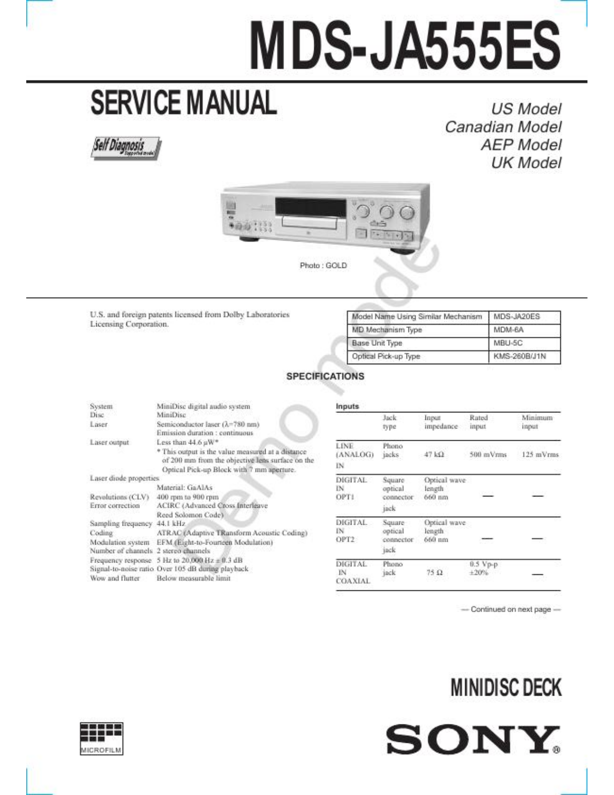 Sony MDS-JA555ES, MDS-JA20ES, MDM-6A Schematic