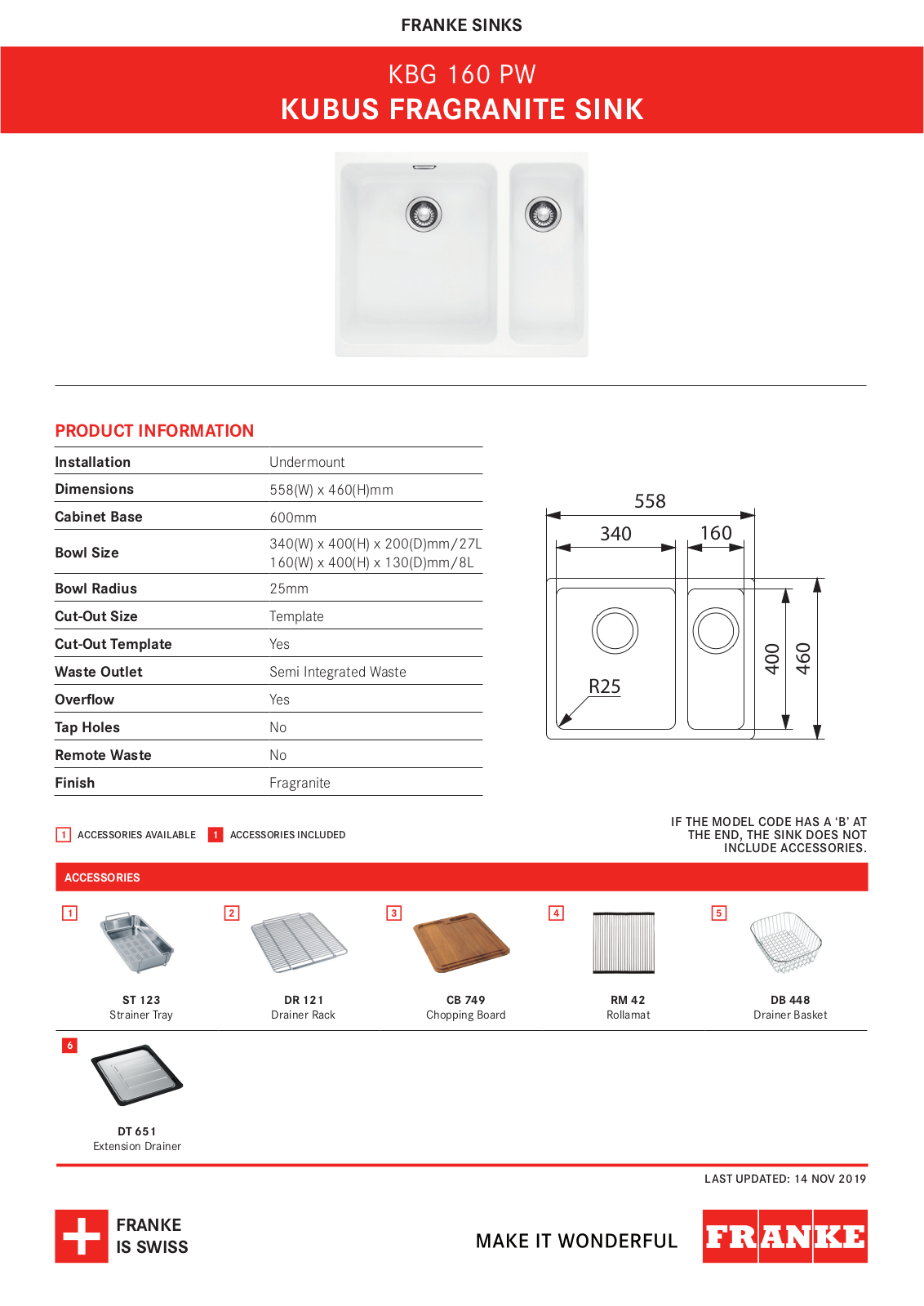 Franke KBG160-BPW, KBG160-PW Specifications Sheet