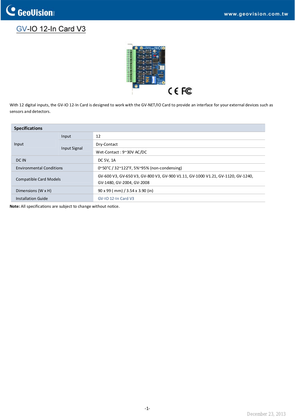 Geovision GV‐IO 12‐In Card Specsheet