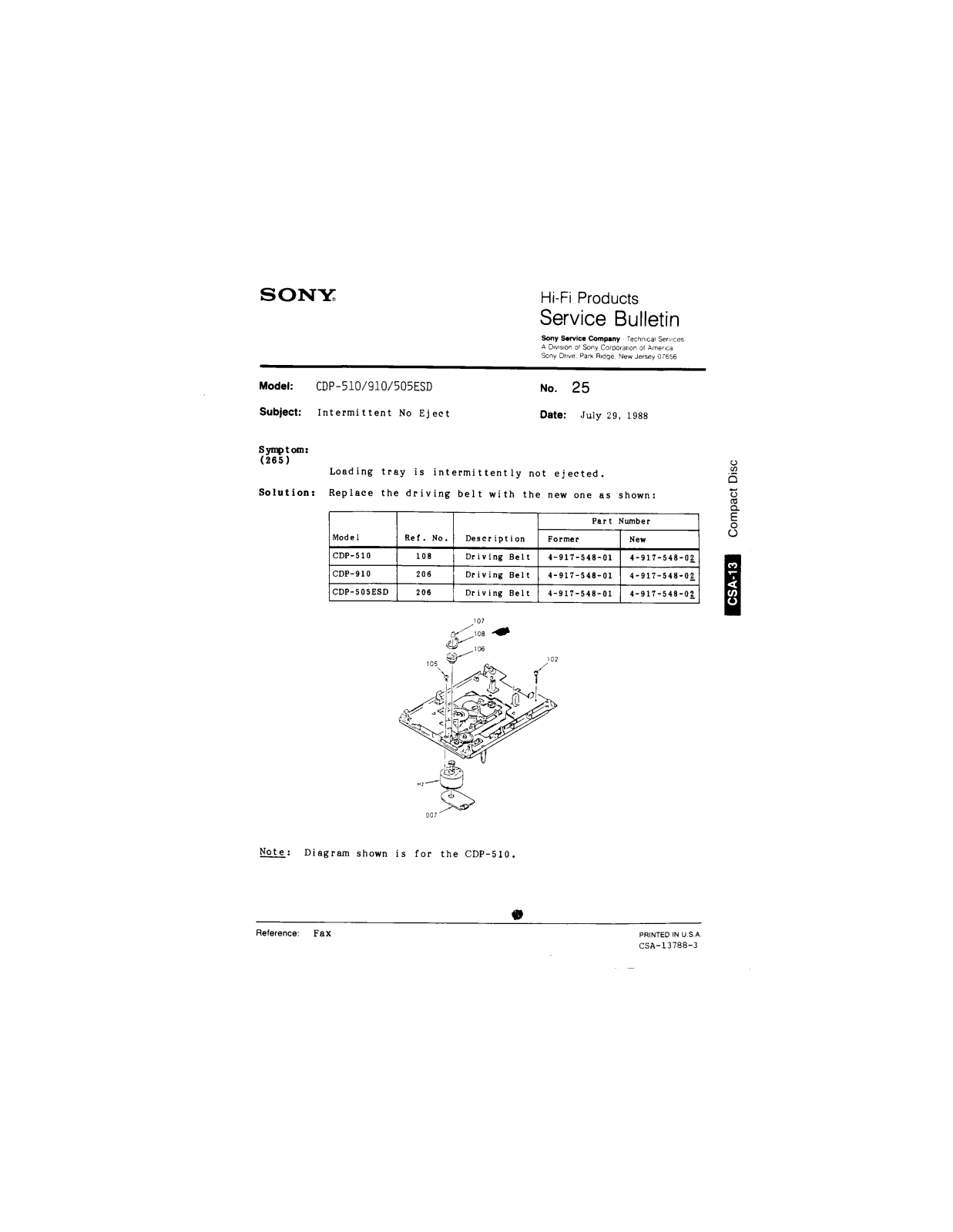 Sony CDP-510, CDP910, CDP-505ESD Service Manual