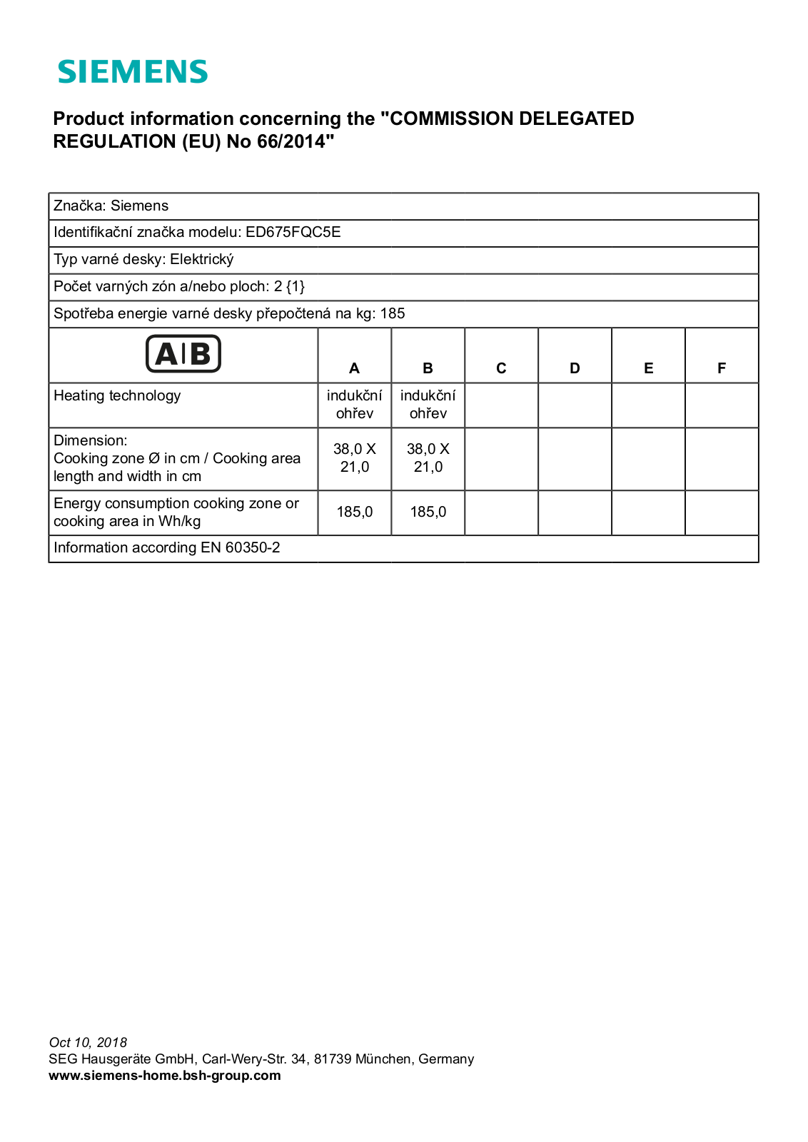 Siemens ED675FQC5E Information sheet