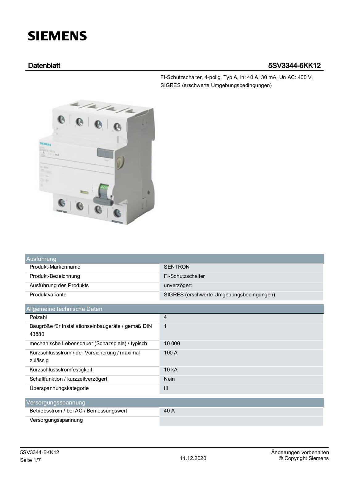 Siemens 5SV3344-6KK12 Datenblatt