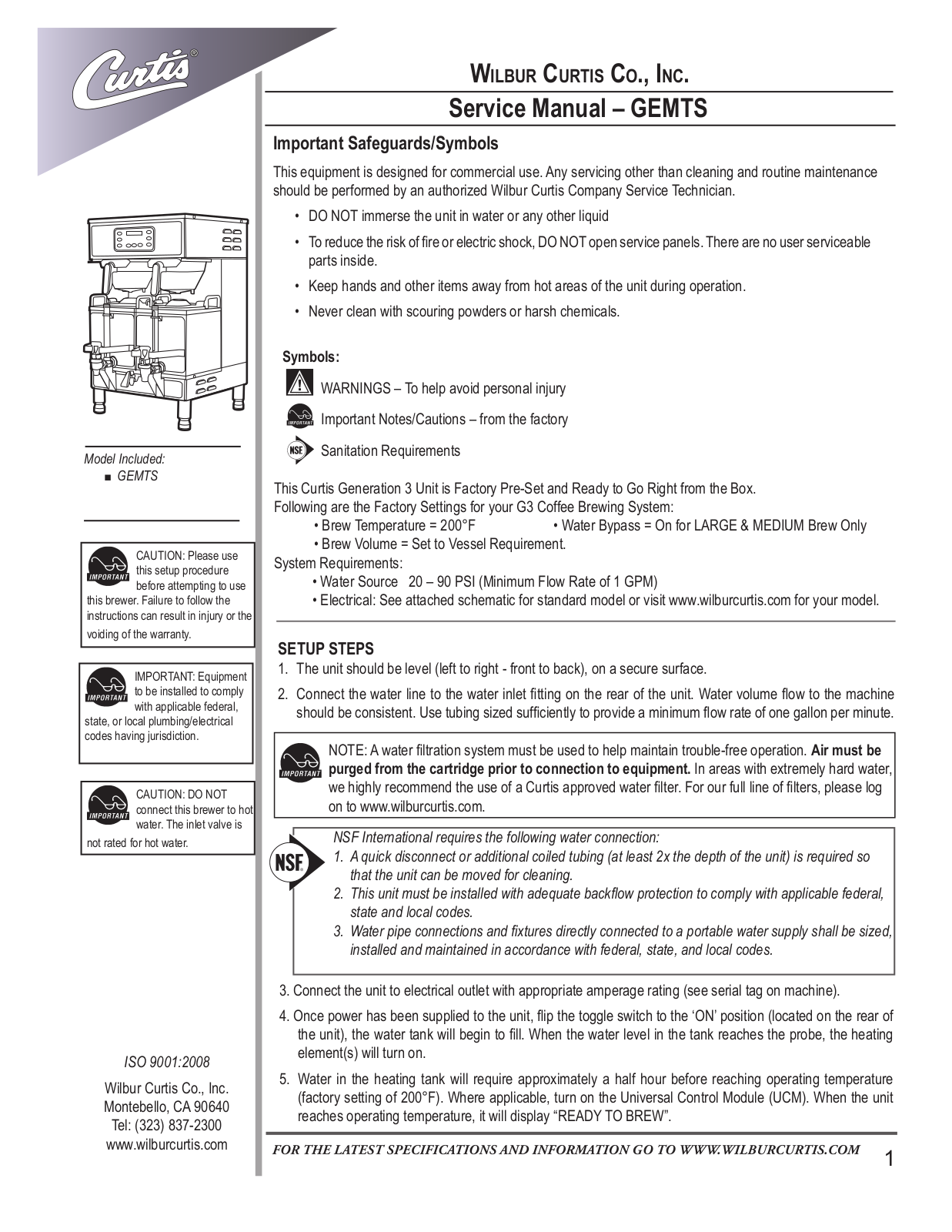 Wilbur Curtis GEMTS Service Manual