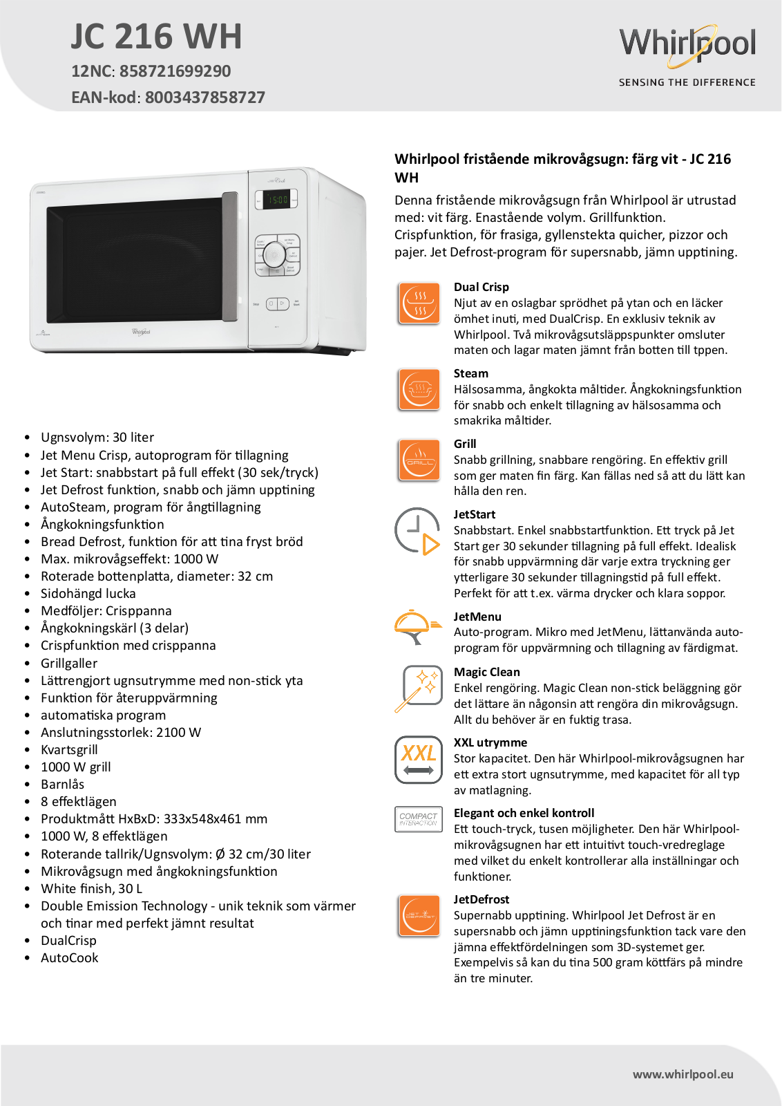 Whirlpool JC 216 WH Product information