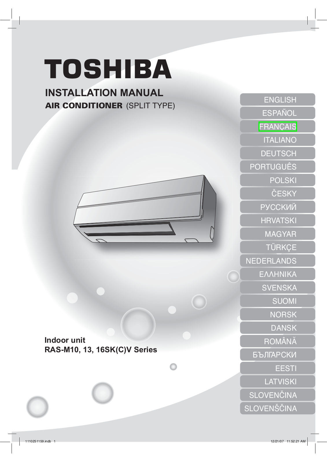 Toshiba RAS-M10SKCV-E, RAS-M16SKCV-E, RAS-M13SKCV-E INSTALLATION MANUAL