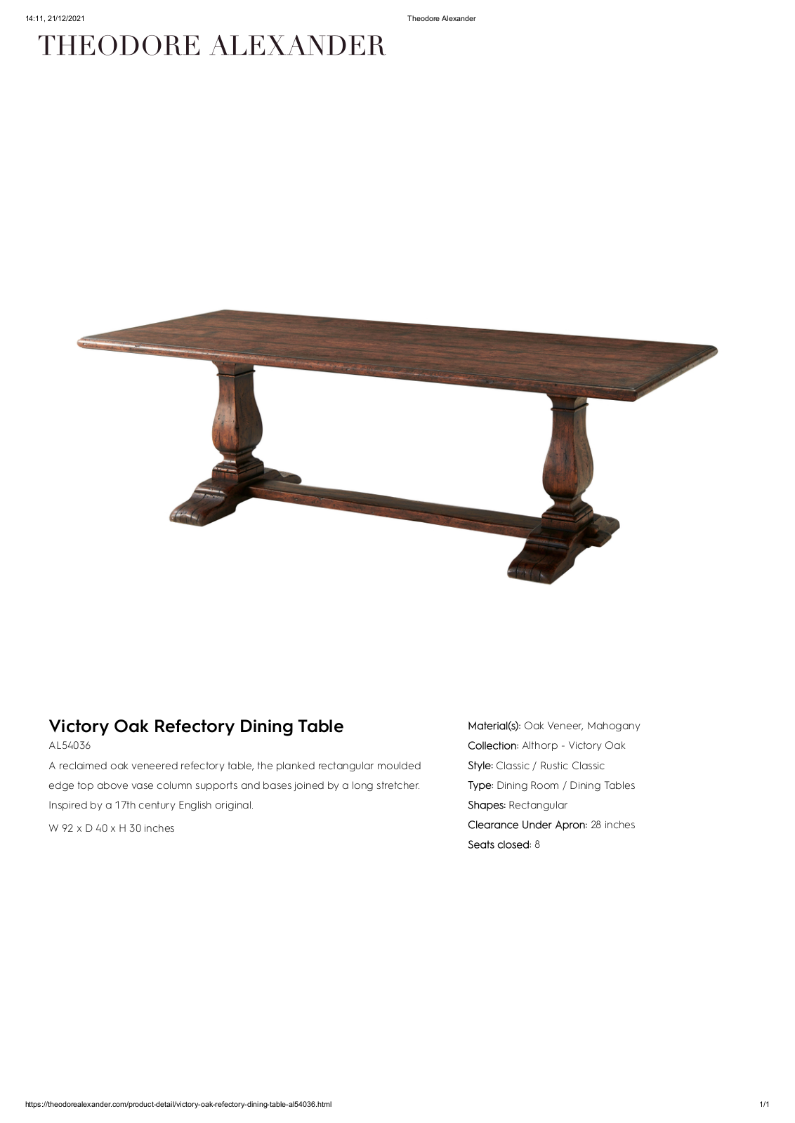 Theodore Alexander FPLJ1508 Specifications - ManualMachine.com