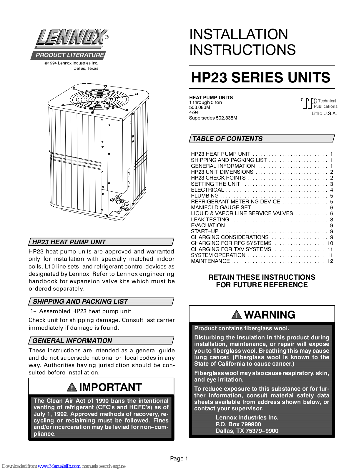 Lennox HP23-141, HP23-211, HP23-261, HP23-311, HP23-411-413 Installation Instructions Manual