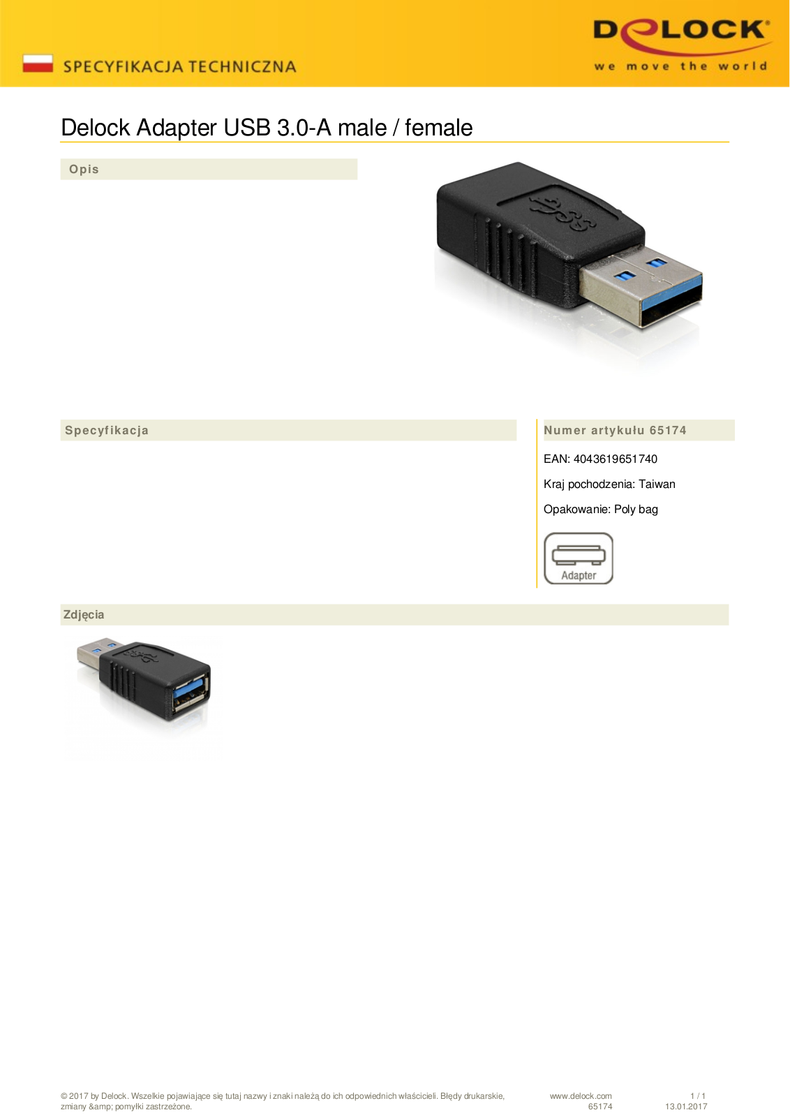 DeLOCK USB 3.0 adapter, USB-A  socket  to USB-A  plug User Manual