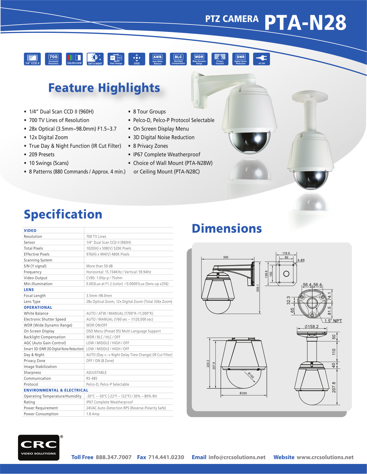 Cantek PTA-N28W, PTA-N28C Specsheet