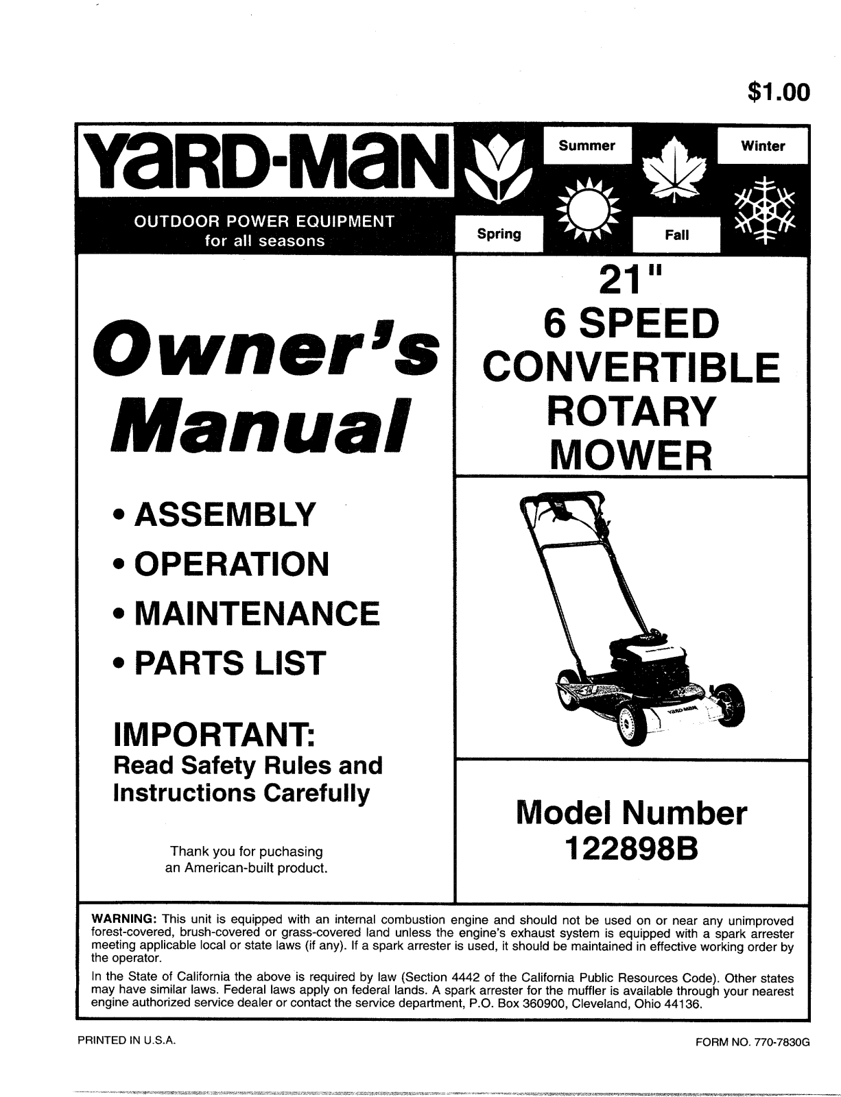 Yard-Man 122898B User Manual