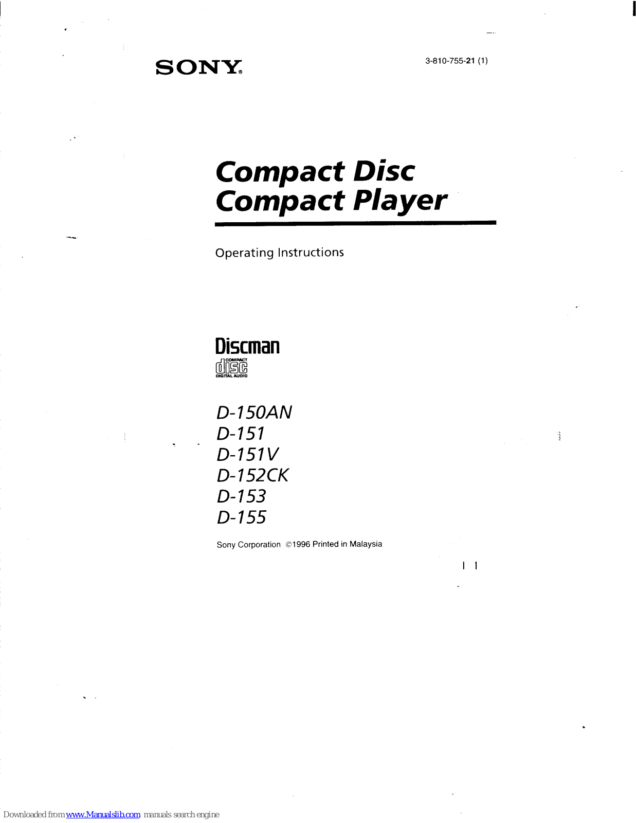 Sony Discman D-150AN, Discman D-151, Discman D-151V, Discman D-152CK, Discman D-153 Operating Instructions Manual